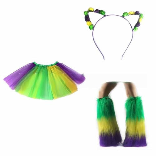 Plüsch Beinstulpen + Gazerock + Stirnband Damen Tüll Tutu Rock Pailletten Tutu Rock für Party Ballett Tanzen (Green, One Size)