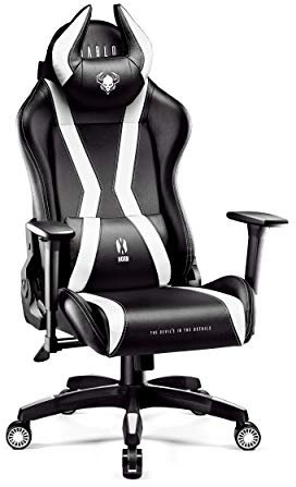 Diablo X-Horn 2.0 Gaming Stuhl Bürostuhl | Personalisiertes Nackenkissen | Verstellbare Rücken-, Sitz- und Armlehnen | Nacken-/Lendenkissen | Kunstlederpolsterung | Normal (L) | Schwarz-Weiß