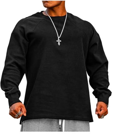 Herren Loose Fit Waffel Langarm Sweatshirts Klassischer Rundhalspullover Color Schwarz Size XXL