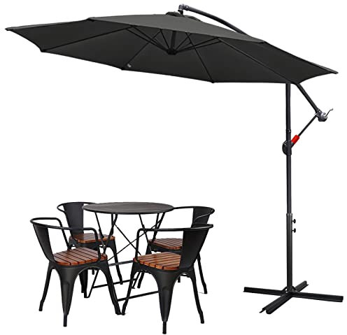 Tubiaz Parasol déporté à manivelle -350 cm - Avec support - Protection UV - Imperméable Pour balcon jardin terrasse -gris