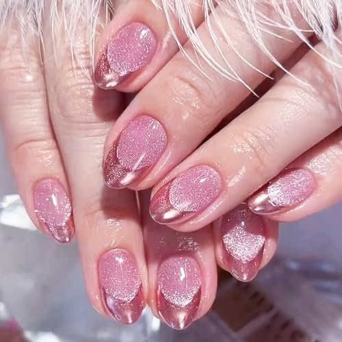 MrCuvaryas 24 Stück Press on Nails kurz, Almond Rosa Farbverlauf Französische Glitzer Fake Nails mit Nagelkleber, Mandel Pink Künstliche Fingernägel Acryl Künstliche Nägel für Frauen und Mädchen