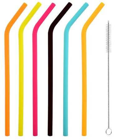 iJiGui 6 Pack Silicone Reusable Straws, with Cleaning Brush, Colourful Drinking Straws, Replacement Straws Reusable Kids Straws for Cocktail, Juice, Milkshake, Soda (6 Bent)