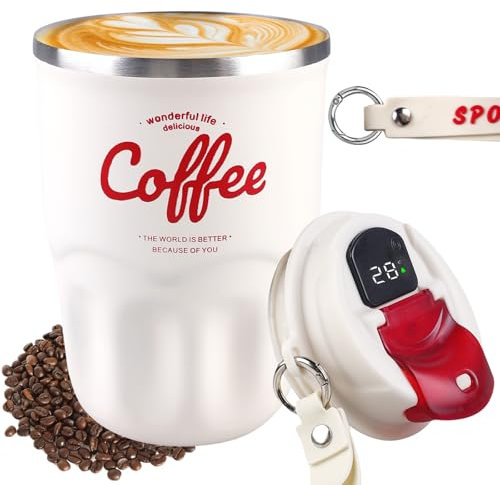 WIYETY Taza térmica de acero inoxidable de 360 ml, taza térmica de café a prueba de fugas con tapa 316 de acero inoxidable 316, taza de viaje inteligente con indicador de temperatura para coche, casa