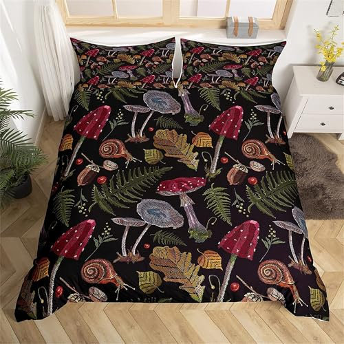 Wild Pilz Bettbezug Set M Größe, gefallene Blätter der Burgunder Pflanze Bettwäsche Set 155x220cm, mit 1 Kissenbezug, Stickerei Schnecke Tröster Bezug für Kdis Jungen Mädchen, 2pcs (nicht Tröster)