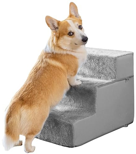 Hundetreppe für kleine Hunde - 3 Stufen Hunde Treppe 43cm hoch - Schaumstoff Hundetreppe Sofa - Sicher und stabil - Abnehmbarer waschbarer Bezug - Anti-Rutsch-Boden - Haustiertreppe Hund Hellgrau
