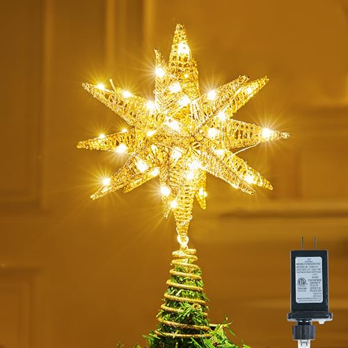 JOIEDOMI Puntale per albero di Natale in metallo 3D glitterato da 28 cm, colore bianco caldo, 36 LED con spina e timer, decorazione per albero di Natale, decorazione per casa, vacanze, feste, interni