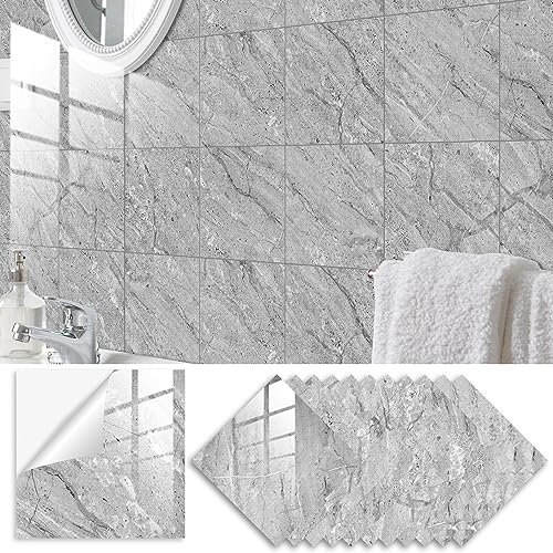Lukery Fliesenaufkleber, 20 Stück PVC Klebefliesen Küche, Marmor Küchenrückwand Klebefliesen, Bodenaufkleber Fliesenaufkleber Bad für Möbel Wand Schrank (20x20cm,Grauer Marmor)