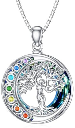 enjoylifecreative Chakra Baum des Lebens Halskette für Damen 925 Sterling Silber Lebensbaum Kristall Anhänger Kette 7 Chakren Spirituelle Schmuck Geschenk für Frauen Mädchen