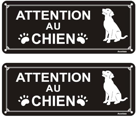 Acuxiaza 2 Pièces Panneau Attention Au Chien 25 x 10 cm Réfléchissant Aluminium Plaque Attention Au Chien Adhésive Panneau d'avertissement Imperméable à l'eau Protection UV avec trous pré-percés