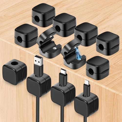Alaoo Clips para Gestión de Cables, 12PCS Clips para Sujetacables con Magnético Duraderos, Clip de Cable de Resorte Autoadhesivo para Organizar Cables en el Escritorio (Negro)