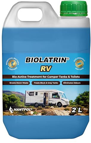 BIOLATRIN - Mikrobiologisch Flüssigkeit - Geruchsneutralisierer für Wohnmobil Wassertanks - 2L - für Schwarze und Graue Tanks - Beseitigt unangenehme Gerüche, Waschbecken und Abflüssen in Wohnmobilen