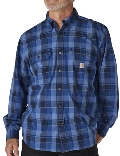 Carhartt Men's Loose Fit Midweight Chambray Long-Sleeve Plaid Shirt, Navy, Large