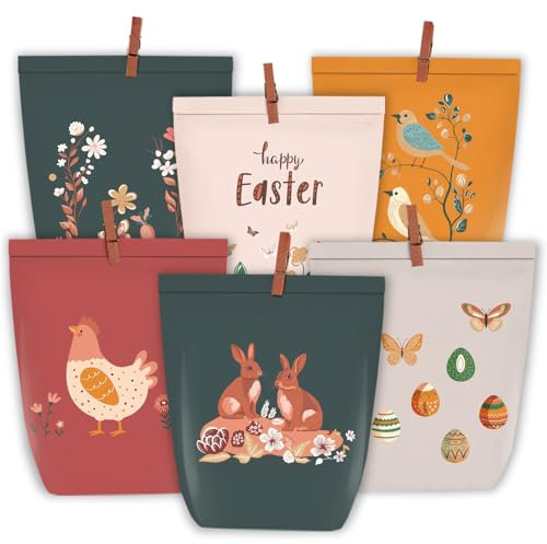 PANSIBY Geschenktüten Ostern, Ostertüten zum Befüllen, 12 Boho Bedruckte Tüten mit Holzklammern, Karikatur Osterhasen Basteln Set