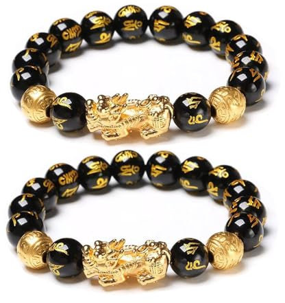 Hebterrka Feng Shui Reichtum und Glück Armreifen, Feng Shui Schwarzer Obsidian Pixiu Reichtum, Prosperity Buddha Perlen, elastischer für Frauen und Männer, Schmuck