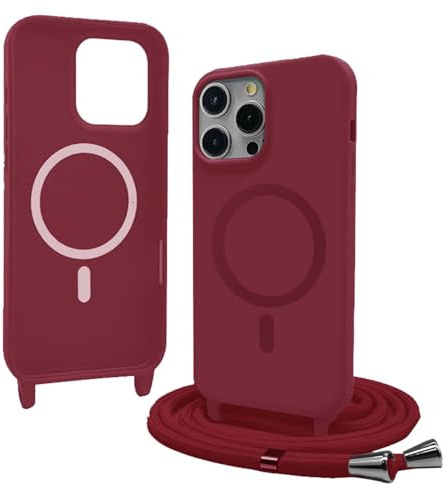 Bigcousin Handykette für iPhone 12 Pro Hülle mit Band,Magnetisch kompatibel mit Magsafe,Silikon Necklace Handyhülle mit verstellbar und abnehmbar,Rot