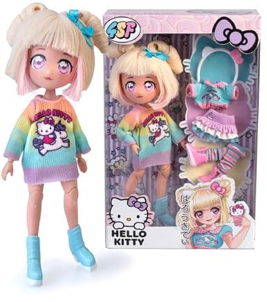 Famosa 4SF - Hello Kitty Manga Fashion Unicorns, Japanische Fashion Puppe, Figur von 19,5 cm mit 15 Gelenkpunkten, Inklusive Ra-Ra-Rock, Beinstulpen und Haarband mit Ohren, (HKTF2000)