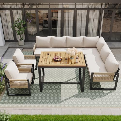 Gartenmöbel Set, Garten Essgruppe 7-8 Personen, Gartenlounge wetterfest mit Esstisch, Hocker und Bequemen Kissen, Outdoor Loungemöbel Gartengarnitur Sitzgruppe Essgruppe, Beige