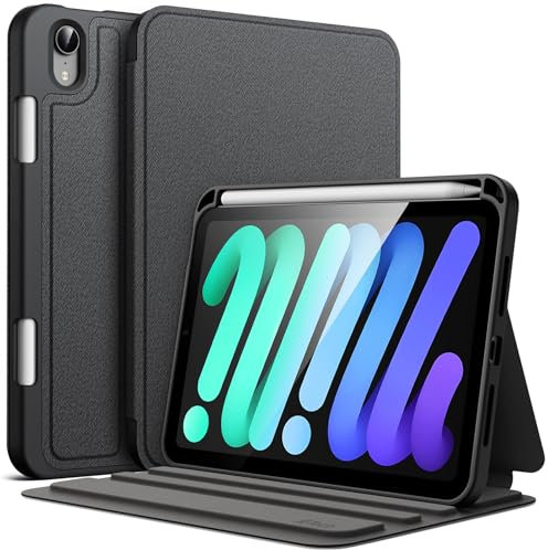 JETech Coque pour iPad Mini (A17 Pro, Modèle 2024, 7ᵉ) / Mini 6 (Modèle 2021, 6ᵉ) avec Porte-Stylet, Étui Housse Protection Tablette Fine Folio Support, Multi-Angle Affichage (Noir)