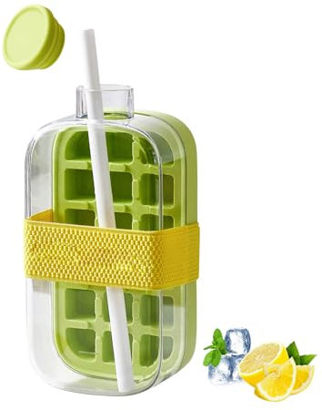 Ice Cube Bottle,2 in 1 Eiswürfelflasche Eiswürfelform mit Deckel & Stroh,800ml Eiswürfelform Silikon,Eiswürfelbehälter Alle Eiswürfel Ineiner Sekunde Freigeben,Eiswürfel Form für Getränke Saft (Grün)