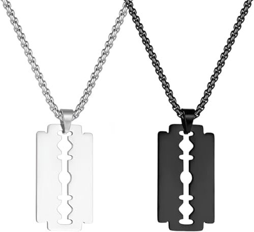 Liitata 2 Stück Rasierklinge Anhänger Halskette Edelstahl Razor Blade Anhänger Kette Rock Punk Hip Hop Halsketten für Männer Frauen - Silber Schwarz