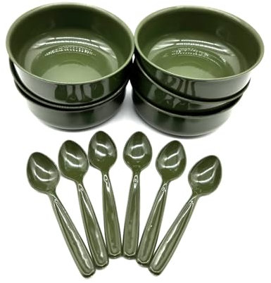 Kimmel Lot de 6 bols à soupe - Olive - Avec cuillères, assiettes, bols à soupe, assiettes creuses, vaisselle de pique-nique réutilisables