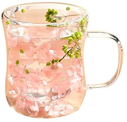 WOOSEO Verre transparent à double paroi avec poignée et fleur séchée pour le bureau ou la maison