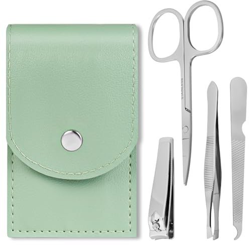LOPHE Unisexo Manicura Pedicura Set, 4 Piezas Cortauñas Set de Profesional, Set Pedicura Acero Inoxidable con Pinzas, Tijeras, Raspar y Bolsa de Almacenamiento, Pequeño y Portátil para Viaje (Verde)