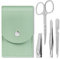 LOPHE Professional Manicure Set, 4pcs Portable Nail Clippers & Eyebrow Grooming Kit, Stainless Steel Nail Care Tools with Luxurious Leather Case for Travel & Home(Green)