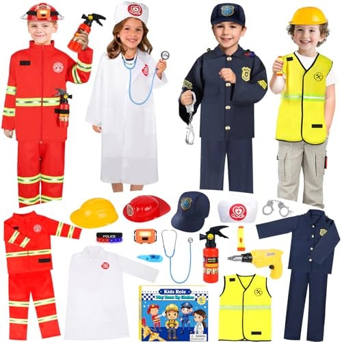 IVENRXIU Toddler Dress Up Clothes, Kids Role Play Costumes 4 In 1 Set-Police Doctor Fireman Engineer for Kids Boys and Girls 3-8, Career Dress Up Pretend Play Toys, Birthday Halloween Christmas Gifts