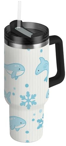 Ocean Animal Wal hellblau gestreifte Vakuum-Wasserflasche mit breiter Öffnung aus Edelstahl, auslaufsicherer Deckel und Strohhalm, dekoratives Becher-Set für Schule, Sport, Kita, Camp und mehr, Taza