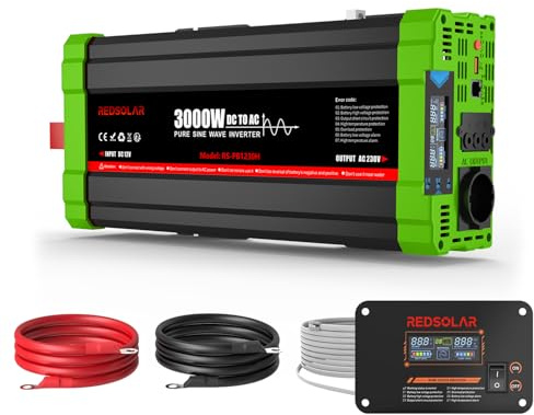 REDSOLAR Inversor 3000W Onda Pura Convertidor DC 12V a AC 220V 230V con Pantalla LCD, Puerto USB, Toma EU, Panel Remoto con Cable de 7 Metros, Pico 6000W – Ideal para Caravanas, RV y Uso Off-Grid