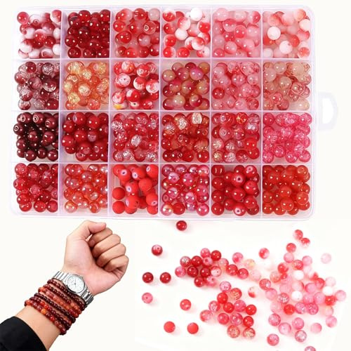 AEMCHDM Glasperlen Set 400 Stück, 8 mm Perlen zum Auffädeln – 24 Farben Runde Bastelperlen aus Glas für Armbänder, Schmuckherstellung & DIY Projekte (Rot)