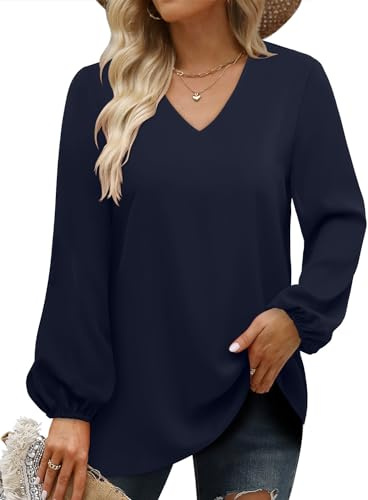 CHICZONE Womens Blouse Long Sleeve Shirts Ladies V Neck Fall Winter Solid Pullover Tops Balloon Sleeves Cute Work Trendy Navy Blue
