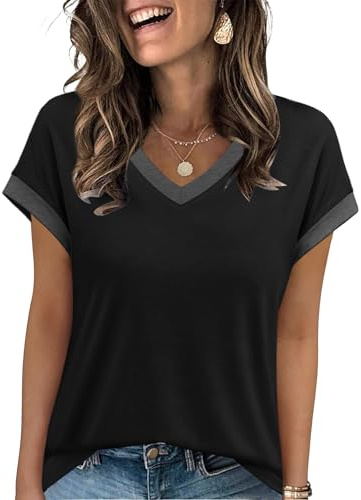 WIHOLL Womens Summer Tops Ladies V Neck T Shirts for Women UK Casual Short Sleeve Fashion Dressy Tunic