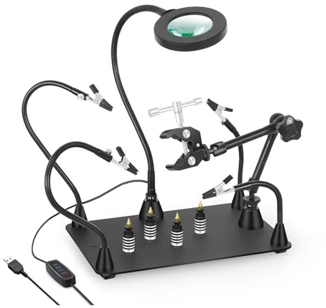 Magnetic Soldering Third Hand Holder Heat Gun Stand with 3X LED Magnifying Glass Heavy Duty Welding Workstation Soldering Tools Kit(7AB-3C)