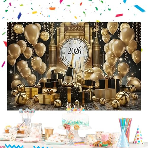Jlobnyiun Décorations de Nouvel An, 2,1 x 1,5 m, toile de dorée 2026 – Grand panneau en tissu pour Noël, maison, bureau, école, restaurant, bar, photographie, cour, porche, terrasse