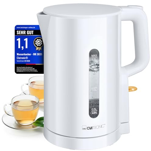 Clatronic® Wasserkocher 1,7L | 2200W für schnelles Erhitzen | BPA frei | Einhandbedienung | Wasserstandsanzeige | Kettle | Überhitzungsschutz | WK 3835 weiß