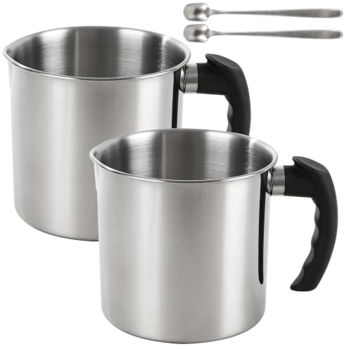 Ghligna 2 Pack Candle Wax Melting Pot, 1800ML Stainless Steel Wax Melter with 2 Stirring Spoons - Heavy Duty Metal Jug for Candle Making and Soap Making - Professional Wax Melting Pitcher Set, Silver