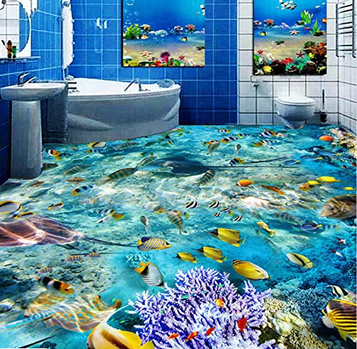 Yosot Benutzerdefinierte Bodenbelag Wandbild Tapete Unterwasserwelt Fische Korallen Toiletten Badezimmer Schlafzimmer 3D Boden Murals Pvc Wasserdicht Selbstklebend-140Cmx100Cm