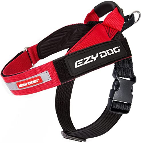 EZYDOG Express Hundegeschirr | Hundegeschirr für kleine, mittelgroße und große Hunde, abgewinkeltes, ergonomisches Design, geformter Griff, leicht zu lösende Seitenschnalle (M, Rot)