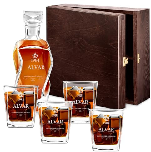 Maverton Whiskey Karaffe + 4/6er Whiskygläser Set mit Gravur - 700ml Whisky Dekanter - zu Weihnachten - Vatertagsgeschenk Geschenk zum Geburtstag für Männer - Guter Jahrgang
