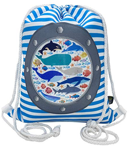 HECKBO Bolsa de gimnasio para niñas y niños, motivo de pez con ojo de buey que incluye ventana de plástico, 33 x 26 cm, guardería, cuna, mochila, bolsa deportiva