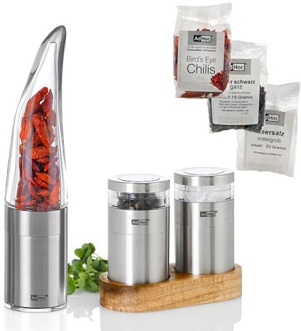 AdHoc Starterset | Chilischneider Pepe & Salzmühle + Pfeffermühle Molto mit Menage aus Holz | drei Gewürzmühlen für Ihre Küche inklusive Meersalz, Pfeffer und edlen Chilis