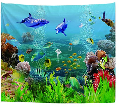 A.Monamour Wandteppiche Wanddekor Unterwasserwal Qualle Fisch Korallen 3D Meereswelt Bild Stoff Wandtuch Wandbehang Wandkunst Wandbilder für Schlafzimmer Schlafsaal Wohnzimmer 130x153cm