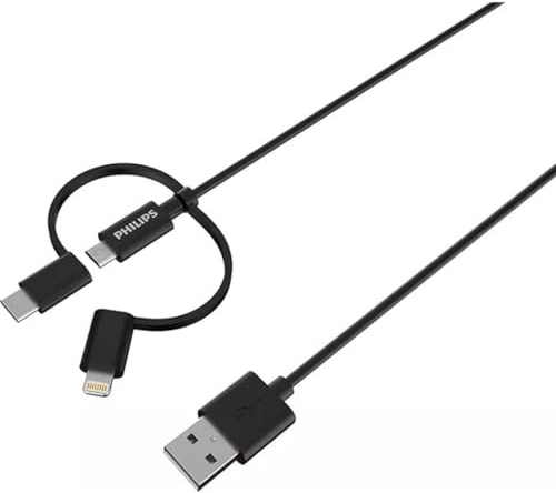 PHILIPS DLC3106T/03 - Cable de carga 3 en 1 para Apple iPhone, cable Lightning USB-C, cable micro USB, 2 metros, color negro