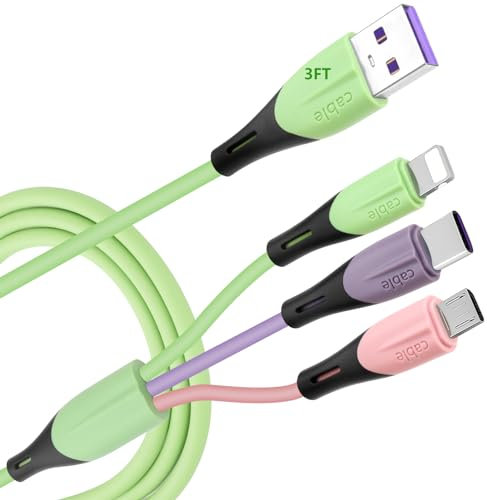 Multi Charging Cable 2Pack 3FT, 3 in 1 5A Multiple USB Fast Charger Cable Adapter Lightning/Type C/Micro USB Port, Compatible with iPhone/Samsung Galaxy/Pixel/LG/Tablets and More (Green)