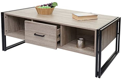 Couchtisch HWC-A27b, Beistelltisch Wohnzimmertisch, 3D-Struktur, 45x110x60cm MVG-Zertifiziert, Metall - Eiche-Optik