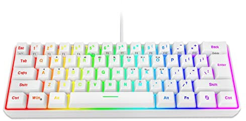 Teclado mecánico, teclado mecánico inalámbrico 60% 26 RGB retroiluminado con cable, diseño del Reino Unido, 61 teclas, teclado USB para juegos para Windows Macos Linux (blanco)