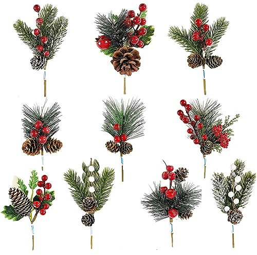 10 Stück Weihnachtsbeeren Tannenzweig, Rote Beeren Deko, Künstliche Tannenzweige mit Roten Beeren, Beerenzweig Künstlich Deko,Weihnachtsbeeren, Weihnachtsspieße für DIY Handwerk ,Weihnachts Dekoration