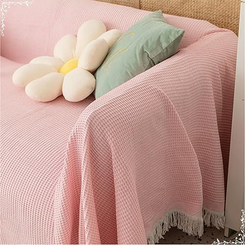 Daesar Sofa Universal Bezug Ecksofa 180x300CM, Couch Überzug Nordisch Rosa Waffle mit Quasten Couchbezug Eckcouch 3 Sitzer Sofaüberwurf rutschfest